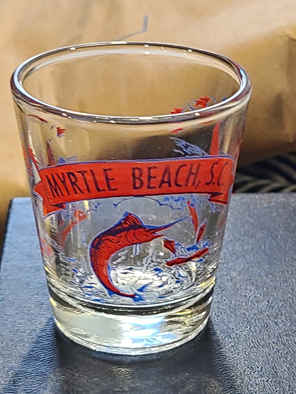 Vintage Myrtle Beach Shot Glass with Red and Blue Marlin Design